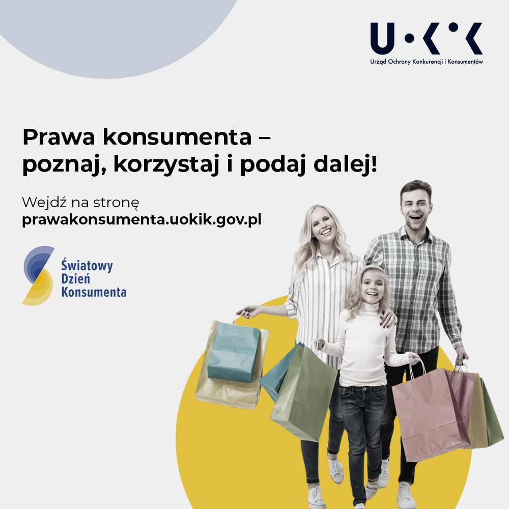 Infografika Urzędu Ochrony Konkurencji i Konsumentów. Na dole z prawej strony trzy osoby: kobieta, mężczyzna i dziewczynka trzymający torby z zakupami.
