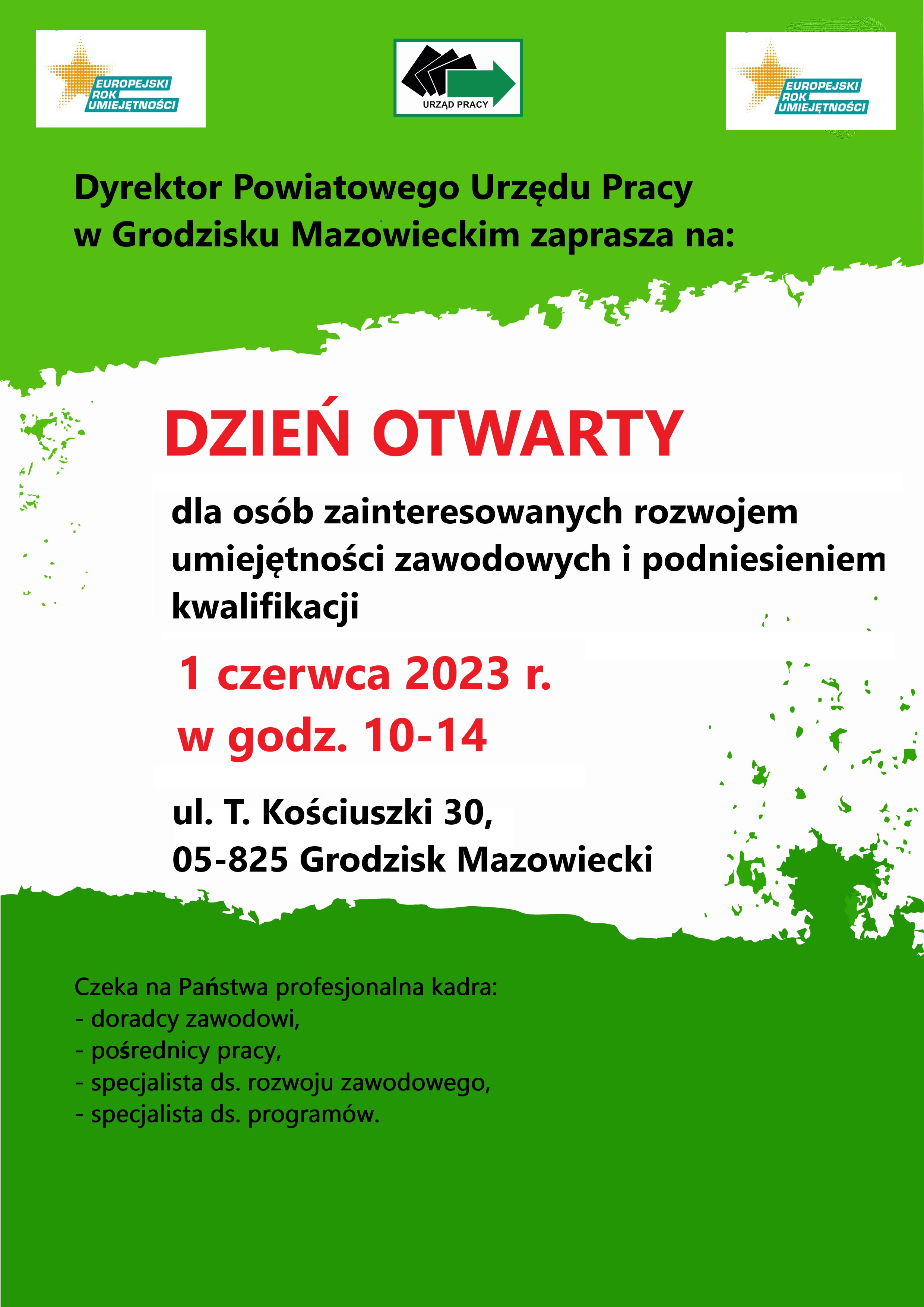 Plakat dni otwartych w Powiatowym Urzędzie Pracy w Grodzisku Mazowieckim