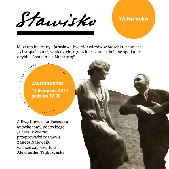 Zaproszenie na "Spotkania z Lietarturą" w Muzeum w Stawisku 13 listopada o godzinie 12:00.