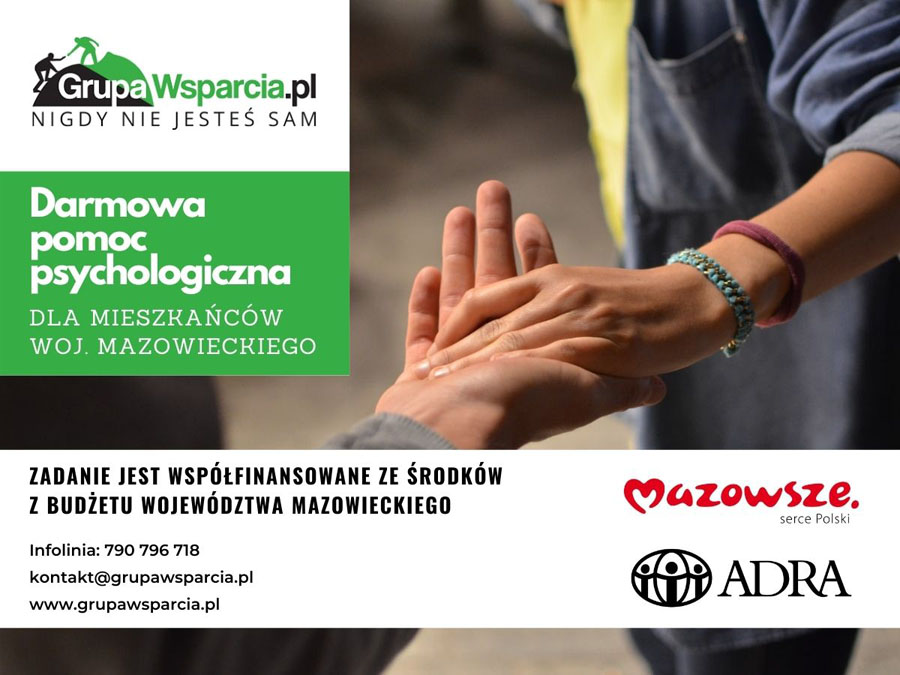 Plakat Darmowa pomoc psychologiczna dla mieszkańców województwa mazowieckiego